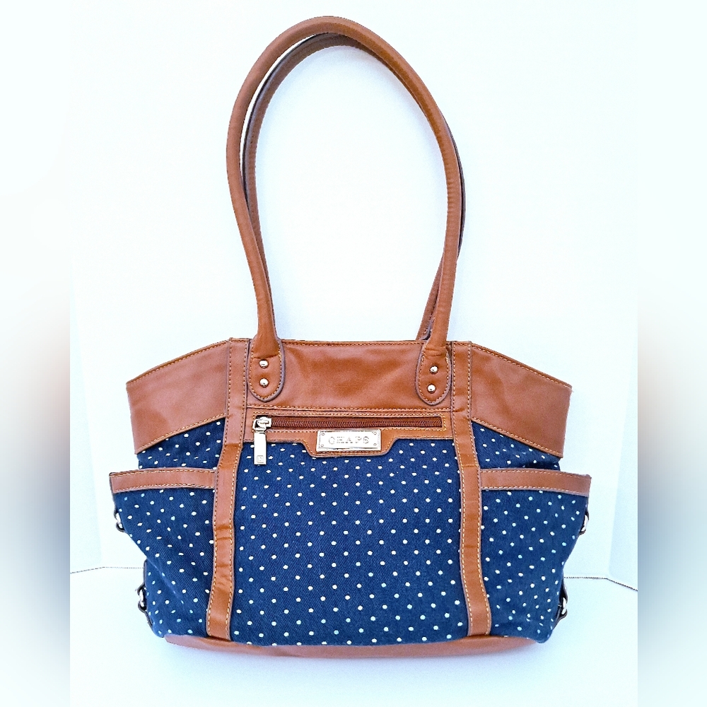 Chaps Womens Navy Blue leather polka dot tote bag